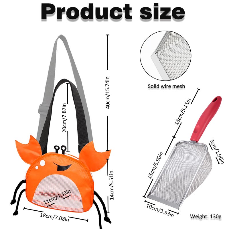 YOOLEETC 4PCS Beach Toy Mesh Shovel and Mesh Beach Bag Seashell Bag for Sand Filter & Collect Shells Sand Sifter Shell Collecting Tools(Green-Orange Crab) - Image 2